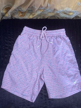 Caribbean Joe Pink and Teal Fish-Print Swim Trunks S